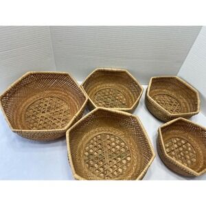 Vintage Hexagonal Bamboo Nesting Baskets Set of 5 Natural Woven Boho Decor